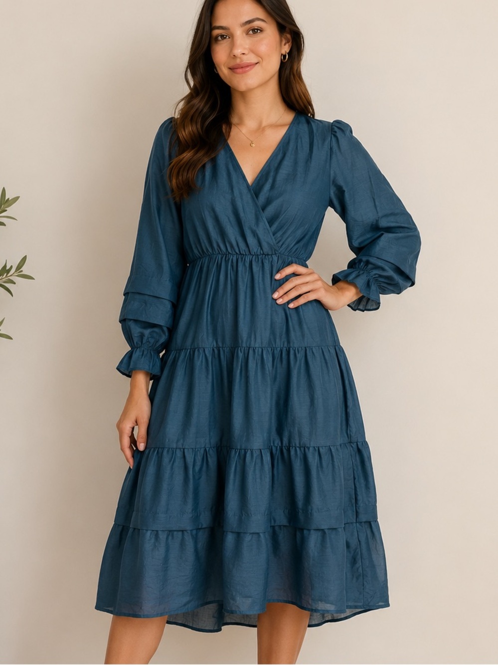 Polagram Teal Tiered V-Neck Midi Dress